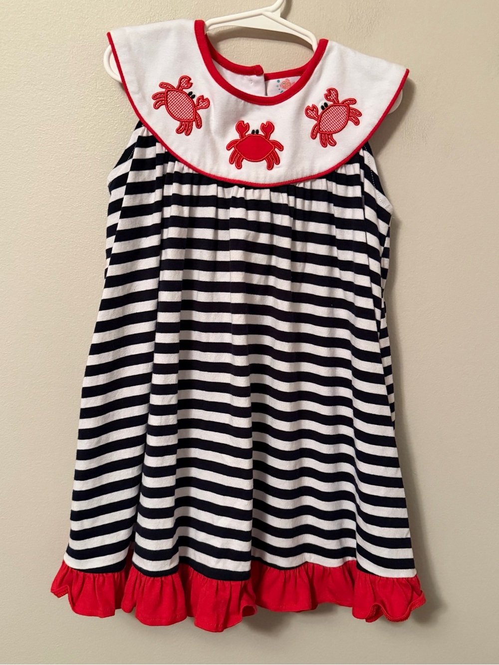 Stitchy Fish Navy Stripe Red Trim Crab Appliqué Dress